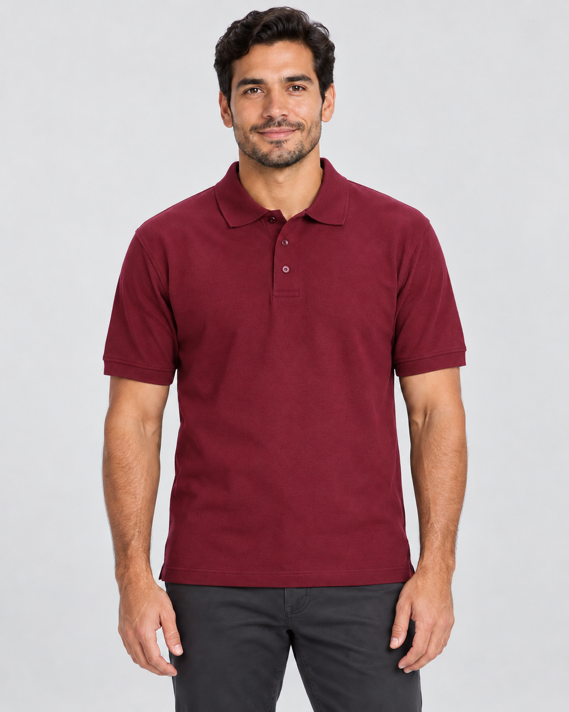 Burgundy blank unisex piqué polo shirt on AI model