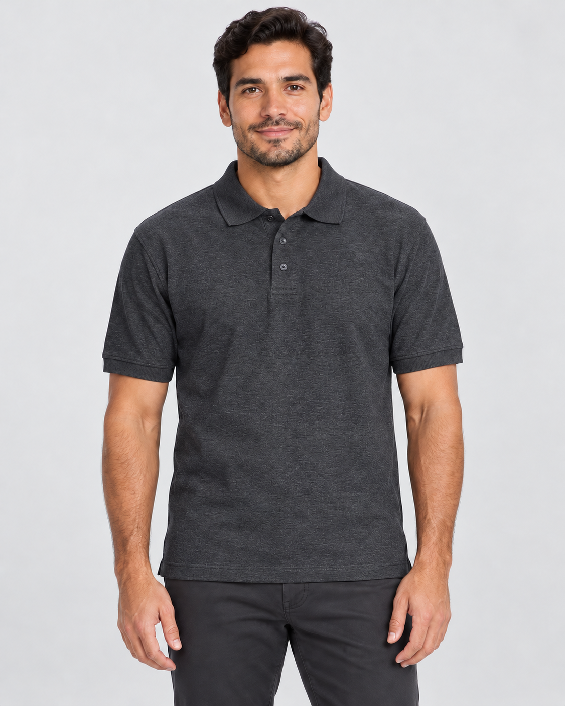 Charcoal Heather blank unisex piqué polo shirt on AI model