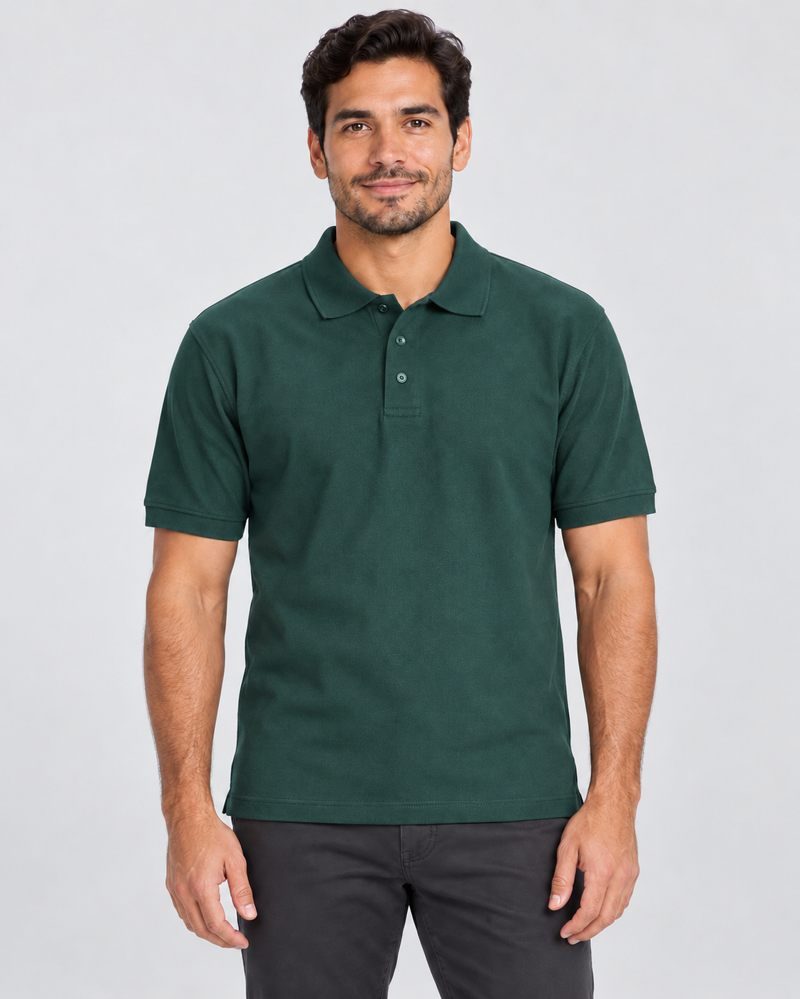 Green blank unisex piqué polo shirt on AI model