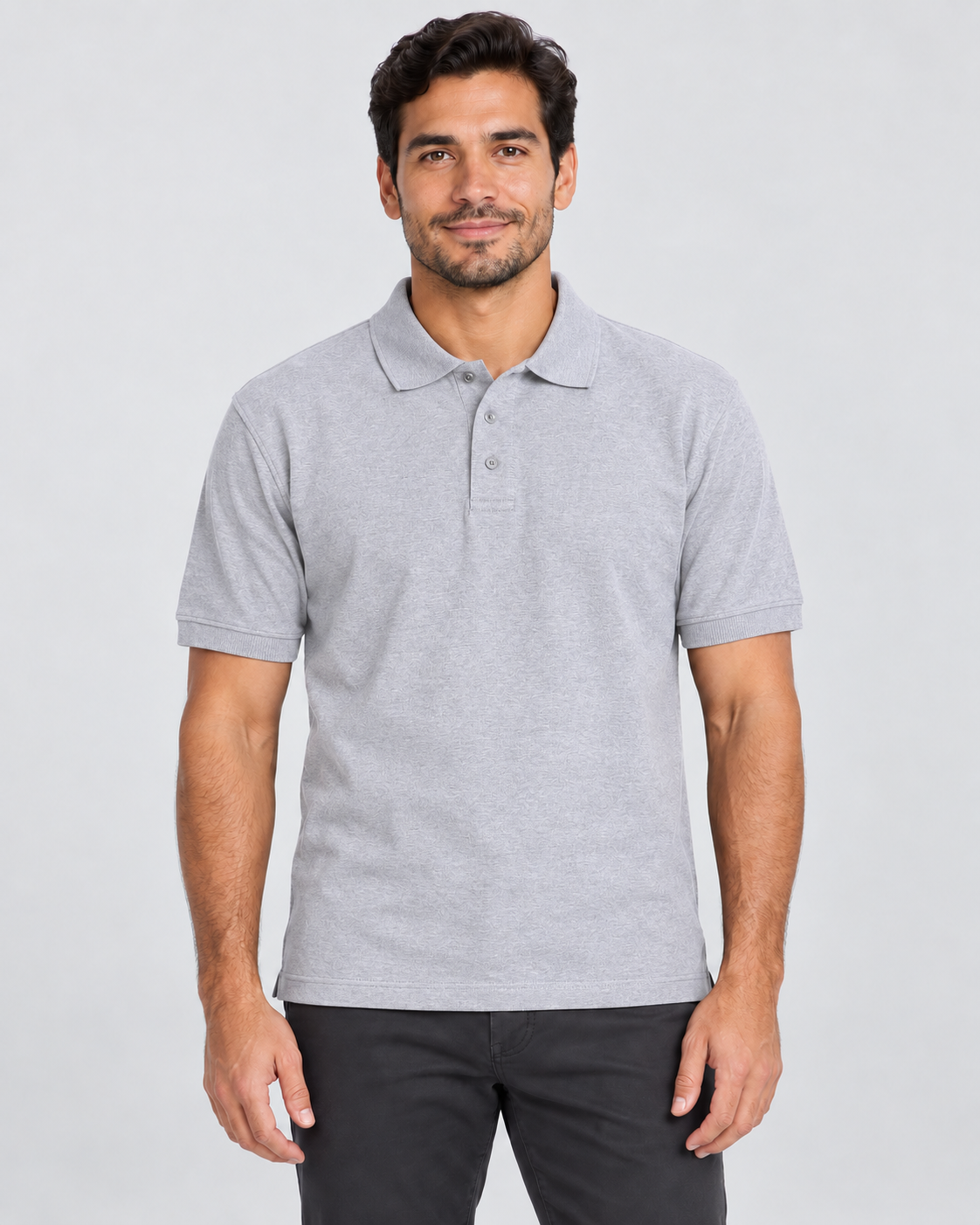 Heather Grey blank unisex piqué polo shirt on AI model