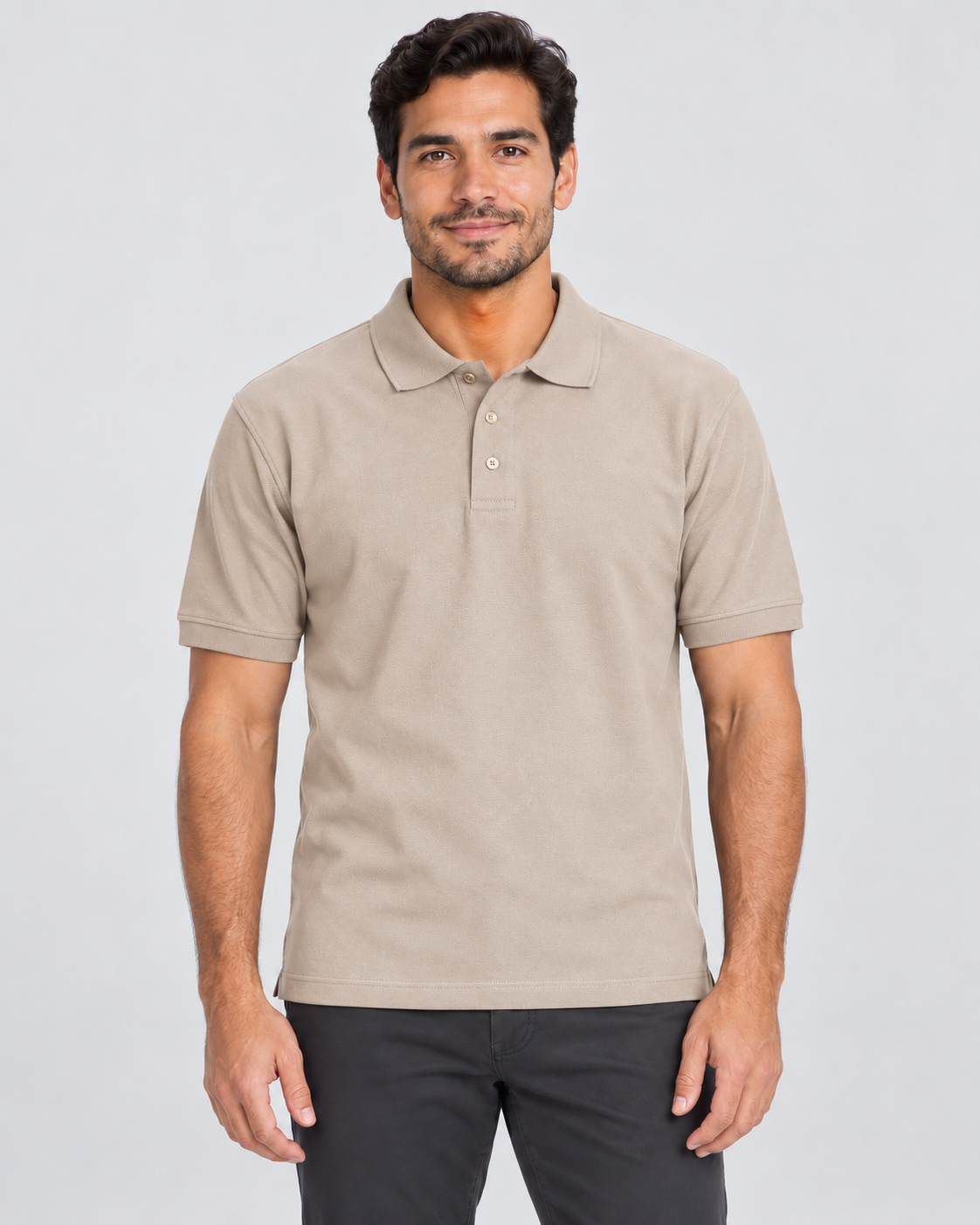 Khaki blank unisex piqué polo shirt on AI model