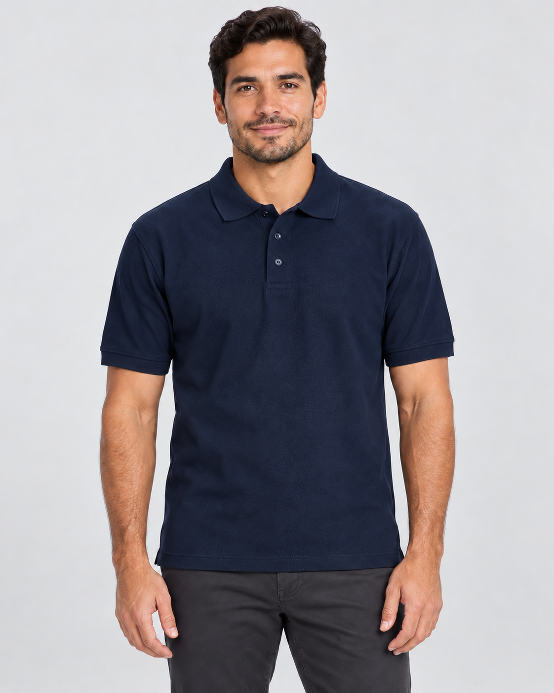 Navy blank unisex piqué polo shirt on AI model