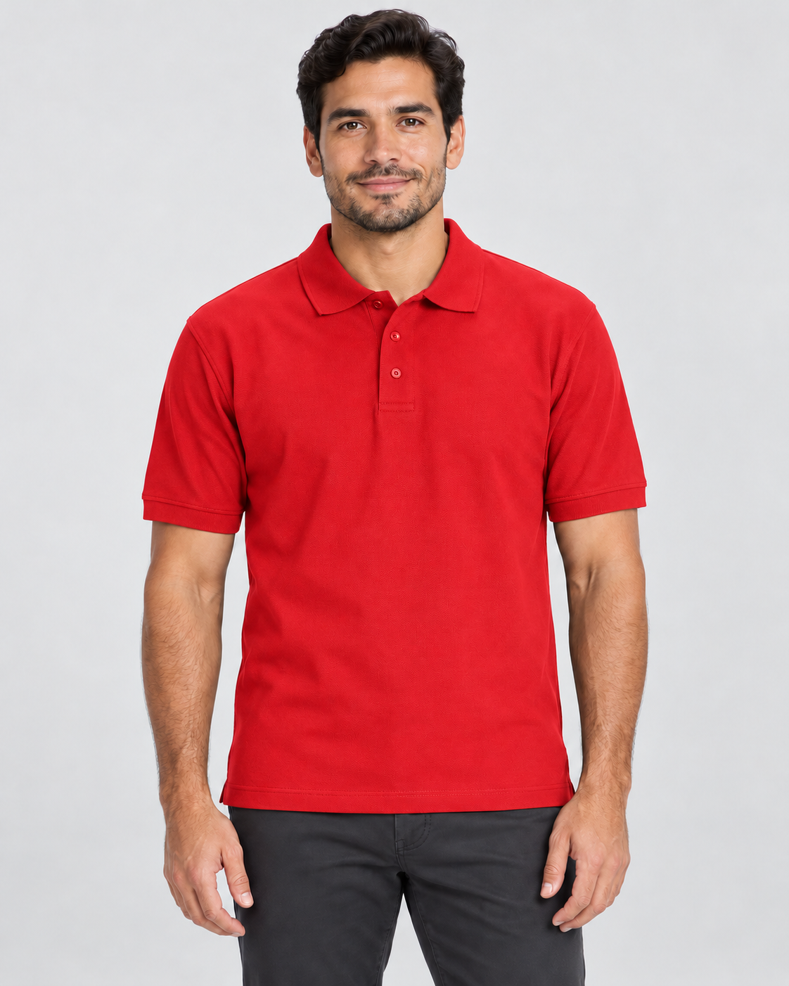 Red blank unisex piqué polo shirt on AI model