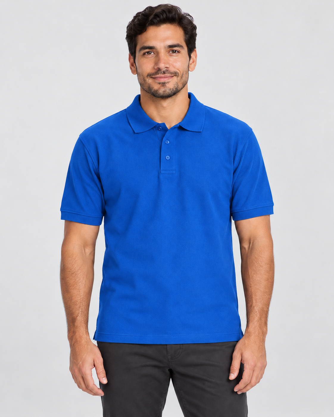 Royal Blue blank unisex piqué polo shirt on AI model