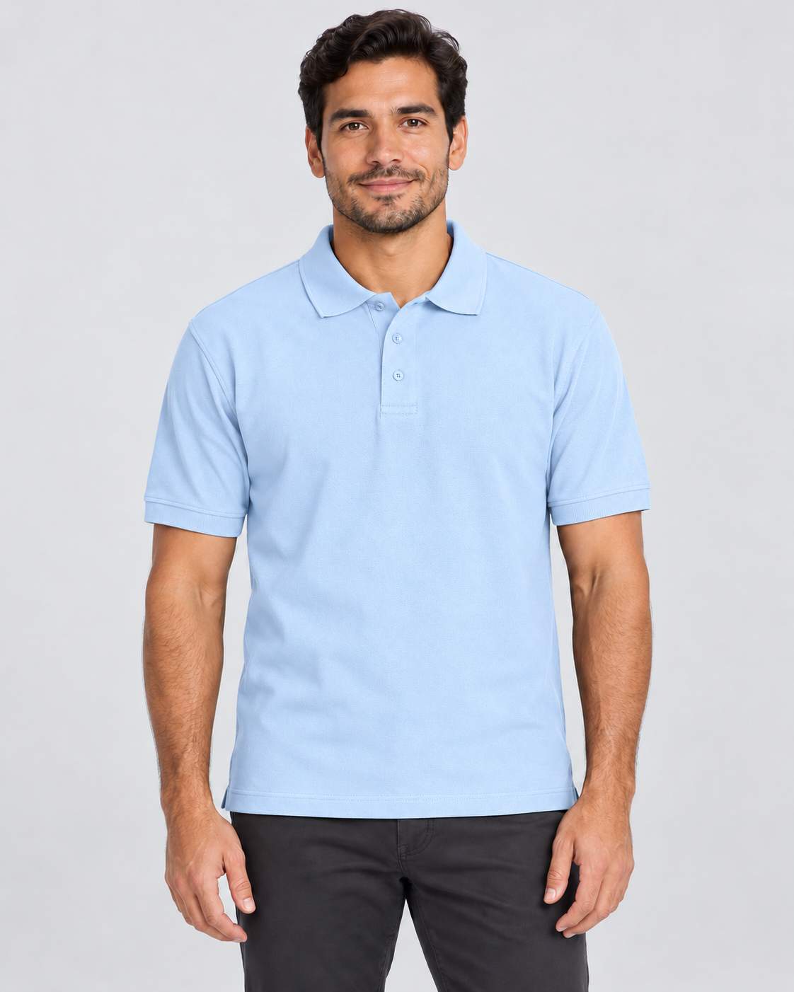 Sky Blue blank unisex piqué polo shirt on AI model