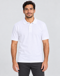 White blank unisex piqué polo shirt on AI model