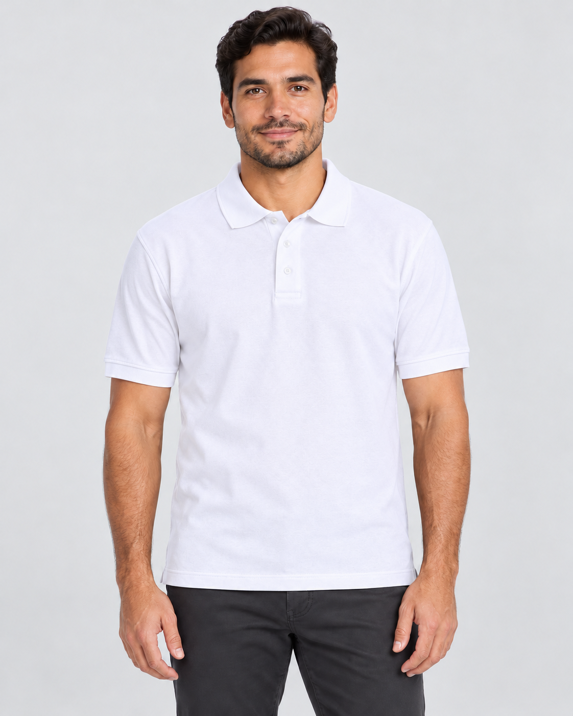 White blank unisex piqué polo shirt on AI model