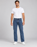 Stone Wash Blue men's straight leg jeans on AI model