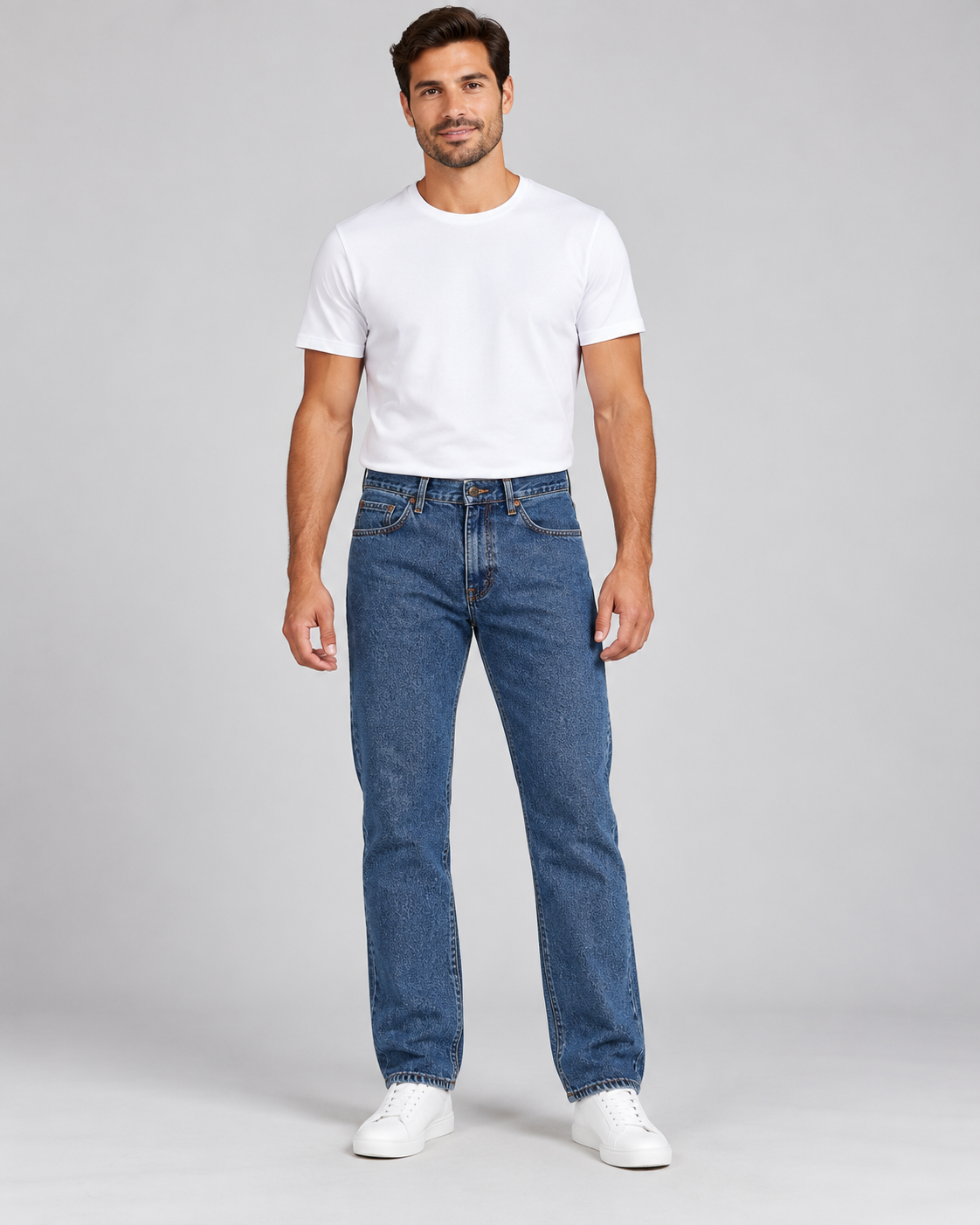 Stone Wash Blue men's straight leg jeans on AI model