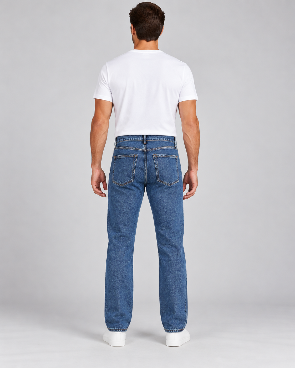 Stone Wash Blue straight leg jeans, rear view on AI model